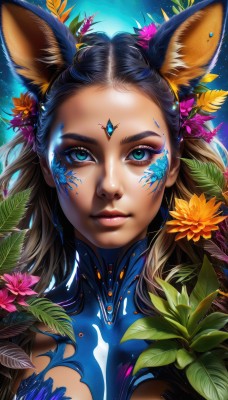 1girl,solo,long hair,breasts,looking at viewer,blue eyes,brown hair,hair ornament,animal ears,closed mouth,green eyes,upper body,flower,multicolored hair,parted lips,shiny,artist name,signature,hair flower,aqua eyes,lips,fox ears,eyelashes,makeup,glowing,leaf,watermark,blue background,facial mark,thick eyebrows,plant,lipstick,portrait,web address,forehead,eyeshadow,pink lips,nose,eyeliner,facepaint,bodypaint,orange flower,mascara,black hair,rabbit ears,mole,bodysuit,realistic,forehead jewel