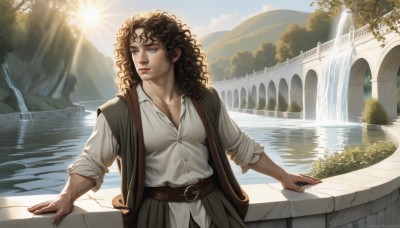 1girl,solo,long hair,smile,blue eyes,brown hair,shirt,black hair,1boy,brown eyes,collarbone,white shirt,male focus,outdoors,open clothes,sky,day,belt,signature,dark skin,water,vest,tree,lips,looking to the side,looking away,sunlight,nature,scenery,sleeves rolled up,curly hair,light rays,mountain,realistic,sun,brown belt,sunbeam,waterfall,lake,upper body,artist name,cloud,watermark,wavy hair,fountain