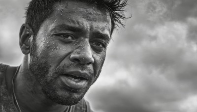 solo,looking at viewer,short hair,1boy,closed mouth,monochrome,greyscale,male focus,parted lips,cloud,lips,facial hair,messy hair,portrait,realistic,stubble,dirty,dirty face,artist name,cloudy sky,beard,close-up,manly