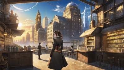 1girl,long hair,looking at viewer,short hair,multiple girls,brown hair,black hair,long sleeves,dress,2girls,brown eyes,standing,ponytail,outdoors,multiple boys,sky,solo focus,day,looking back,cloud,3girls,from behind,black dress,cup,blue sky,coat,window,profile,bird,chair,table,sunlight,building,scenery,black coat,city,fantasy,railing,sun,clock,cityscape,stool,tower,skirt,gloves,2boys,corset,sunset,lamp,multiple others,sunrise,people,clock tower,steampunk,analog clock