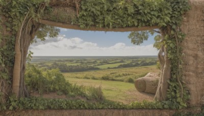 outdoors,sky,day,cloud,tree,blue sky,no humans,ocean,leaf,cloudy sky,grass,plant,nature,scenery,forest,horizon,road,landscape,signature,vines,log