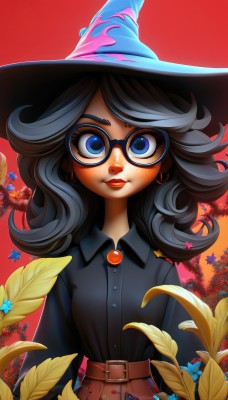 1girl,solo,long hair,looking at viewer,smile,bangs,blue eyes,skirt,shirt,black hair,long sleeves,hat,jewelry,closed mouth,upper body,flower,grey hair,glasses,collared shirt,belt,artist name,medium hair,flat chest,lips,black shirt,eyelashes,makeup,witch hat,buttons,leaf,wing collar,lipstick,red background,buckle,blue headwear,freckles,black-framed eyewear,blue flower,curly hair,belt buckle,round eyewear,red lips,witch,brown belt,watermark,web address,autumn leaves,autumn