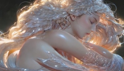 1girl,solo,long hair,breasts,blonde hair,simple background,dress,bare shoulders,closed mouth,closed eyes,upper body,parted lips,pointy ears,shiny,artist name,white dress,from side,lips,eyelashes,profile,floating hair,wavy hair,black background,nose,water,glowing,realistic,liquid hair,self hug