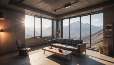 sky,day,cloud,indoors,tree,cup,blue sky,pillow,book,no humans,window,bed,shadow,chair,table,sunlight,plant,curtains,scenery,couch,wooden floor,mirror,mountain,sun,potted plant,lamp,bedroom,shelf,painting (object),carpet,flower pot,desk lamp