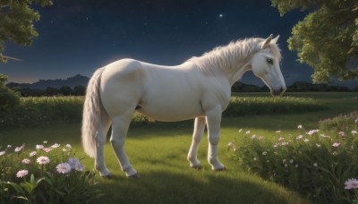 solo,standing,flower,outdoors,sky,tree,no humans,night,animal,grass,star (sky),nature,night sky,scenery,pink flower,starry sky,realistic,animal focus,shooting star,unicorn,full body,signature,field,horse,hill