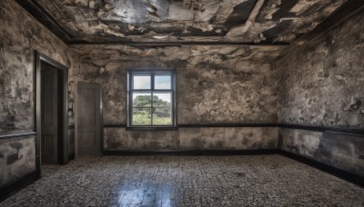 day,indoors,water,tree,no humans,window,scenery,reflection,door,wall,ruins,broken window,wooden floor,tiles,tile floor,crack,floor,hallway