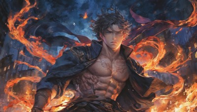 solo,looking at viewer,short hair,blue eyes,shirt,black hair,gloves,1boy,jewelry,closed mouth,nipples,jacket,upper body,weapon,male focus,outdoors,open clothes,sky,belt,sword,necklace,open jacket,open shirt,tattoo,muscular,night,scar,abs,fire,pectorals,muscular male,wind,building,night sky,arm tattoo,manly,bare pectorals,flame,chest tattoo,embers,burning,standing,collarbone,coat,black jacket,torn clothes,jacket on shoulders,torn jacket