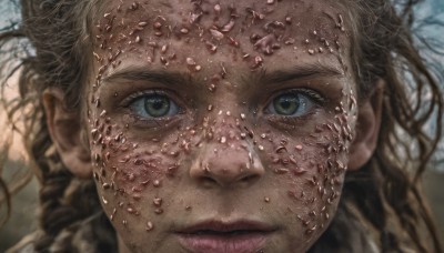 1girl,solo,long hair,looking at viewer,brown hair,brown eyes,green eyes,braid,parted lips,teeth,blurry,lips,blurry background,portrait,close-up,freckles,realistic,eye focus,closed mouth,eyelashes,dirty,dirty face