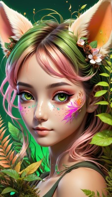 1girl,solo,long hair,looking at viewer,smile,bangs,simple background,hair ornament,animal ears,bare shoulders,jewelry,closed mouth,green eyes,collarbone,upper body,pink hair,flower,multicolored hair,green hair,artist name,hair flower,from side,two-tone hair,lips,gradient,parted bangs,fox ears,eyelashes,gradient hair,makeup,swept bangs,leaf,watermark,facial mark,tank top,plant,lipstick,portrait,extra ears,eyeshadow,freckles,green background,pink lips,realistic,nose,eyeliner,facepaint,mascara,brown hair,web address,paint splatter