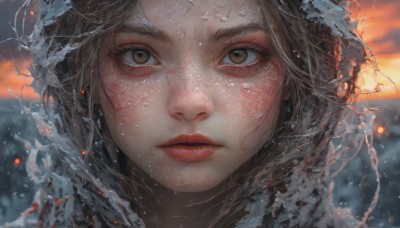 1girl,solo,looking at viewer,brown hair,brown eyes,closed mouth,outdoors,parted lips,sky,hood,water,blurry,lips,wet,eyelashes,depth of field,blurry background,portrait,snow,close-up,freckles,snowing,realistic,nose,red lips,wet hair,straight-on,eye focus,short hair,bangs,cloud,wind,sunset,water drop