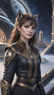 1girl,solo,long hair,breasts,looking at viewer,bangs,brown hair,long sleeves,dress,animal ears,brown eyes,jewelry,standing,upper body,earrings,outdoors,parted lips,sky,belt,artist name,cat ears,necklace,armor,blurry,black dress,lips,night,blurry background,star (sky),night sky,extra ears,pendant,starry sky,realistic,nose,hair ornament,animal ear fluff,wolf ears