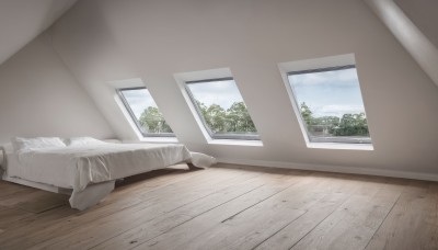 sky,day,cloud,indoors,tree,blue sky,pillow,no humans,window,bed,curtains,scenery,wooden floor,bedroom,floor,shadow,bed sheet,plant,wall,still life,reflective floor