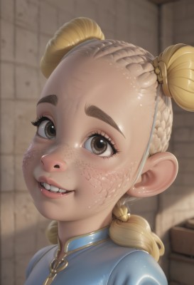 1girl,solo,looking at viewer,smile,blonde hair,twintails,brown eyes,braid,parted lips,teeth,hair bun,grin,blurry,twin braids,lips,double bun,blurry background,short twintails,child,portrait,forehead,freckles,realistic,female child,long hair,dress,eyelashes,blue dress,scar,thick eyebrows,nose