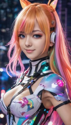 1girl,solo,long hair,breasts,looking at viewer,smile,bangs,blue eyes,blonde hair,animal ears,cleavage,medium breasts,closed mouth,upper body,pink hair,multicolored hair,armpits,orange hair,blurry,two-tone hair,lips,fox ears,clothing cutout,gradient hair,makeup,blurry background,fake animal ears,headphones,cleavage cutout,between breasts,eyeshadow,armor,mole,streaked hair,eyelashes,bodysuit,depth of field,science fiction,eyeliner,bokeh,mascara,cyberpunk