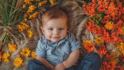 solo,looking at viewer,smile,blue eyes,blonde hair,brown hair,shirt,1boy,sitting,closed mouth,flower,short sleeves,male focus,collared shirt,pants,leaf,bug,blue shirt,denim,child,jeans,realistic,blue pants,male child,1girl,tree,plant