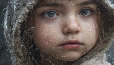 1girl, solo, looking at viewer, brown hair, brown eyes, closed mouth, water, lips, eyelashes, portrait, close-up, rain, water drop, realistic, nose