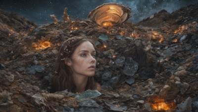 1girl,solo,long hair,blue eyes,brown hair,hair ornament,outdoors,parted lips,sky,lips,night,fire,looking up,star (sky),night sky,scenery,starry sky,freckles,science fiction,rock,realistic,space,spacecraft,molten rock,dirty