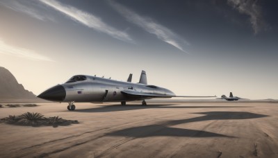 outdoors,sky,cloud,military,no humans,shadow,star (sky),scenery,flying,sunset,aircraft,military vehicle,airplane,vehicle focus,dusk,desert,jet,fighter jet,pilot,signature,mountain,sand