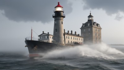 outdoors,sky,cloud,water,military,no humans,ocean,cloudy sky,building,scenery,smoke,turret,military vehicle,flag,watercraft,ship,waves,tower,smokestack,fog,grey sky,warship,day,blue sky,boat