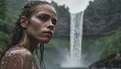 1girl, solo, long hair, looking at viewer, blue eyes, closed mouth, upper body, outdoors, water, blurry, lips, wet, depth of field, blurry background, realistic, nose, wet hair, waterfall