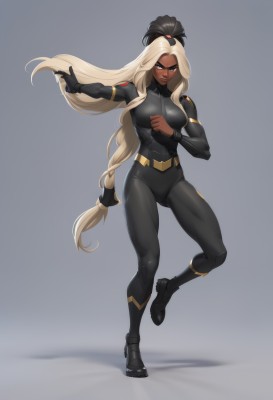 1girl,solo,long hair,breasts,looking at viewer,blue eyes,blonde hair,large breasts,simple background,black hair,hair ornament,medium breasts,very long hair,standing,full body,ponytail,braid,artist name,dark skin,grey background,armor,dark-skinned female,lips,grey eyes,bodysuit,muscular,leg up,standing on one leg,outstretched arm,clenched hand,skin tight,serious,fighting stance,muscular female,black bodysuit,gloves,white hair,boots,very dark skin