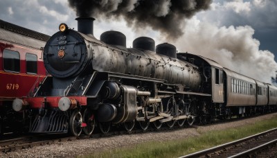 outdoors,sky,day,cloud,military,no humans,cloudy sky,grass,ground vehicle,scenery,motor vehicle,smoke,aircraft,military vehicle,airplane,tank,vehicle focus,train,world war ii,railroad tracks,wheel,damaged,caterpillar tracks,train station