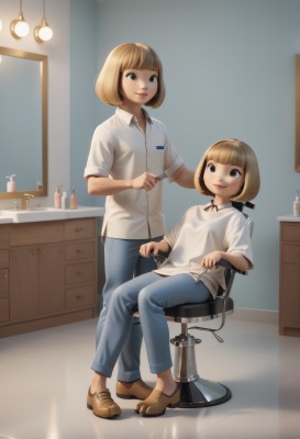 1girl,smile,short hair,bangs,multiple girls,blonde hair,brown hair,shirt,2girls,brown eyes,sitting,standing,full body,white shirt,short sleeves,shoes,collared shirt,pants,indoors,blunt bangs,looking at another,black eyes,lips,siblings,chair,brown footwear,bob cut,denim,child,reflection,jeans,mirror,blue pants,female child,lamp,stool,comb,brushing hair,open mouth,holding,closed mouth,parted lips,signature,dress shirt,wing collar,sink,polo shirt