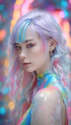 1girl,solo,long hair,looking at viewer,bangs,blue eyes,dress,jewelry,closed mouth,blue hair,upper body,pink hair,white hair,multicolored hair,earrings,parted lips,blunt bangs,blurry,from side,two-tone hair,lips,streaked hair,see-through,looking to the side,grey eyes,eyelashes,makeup,depth of field,blurry background,realistic,nose,artist name,watermark,wavy hair,lipstick,portrait,eyeshadow