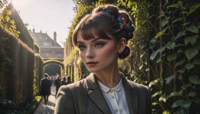 1girl,solo,short hair,bangs,brown hair,shirt,black hair,jewelry,jacket,white shirt,upper body,earrings,outdoors,parted lips,solo focus,day,striped,collared shirt,hair bun,tree,lips,grey eyes,eyelashes,makeup,leaf,formal,sunlight,single hair bun,suit,plant,building,realistic,nose,red lips,stud earrings,blue eyes,hair ornament,green eyes,artist name,signature,black jacket,looking to the side,dress shirt,buttons,looking away,lipstick,portrait,scenery