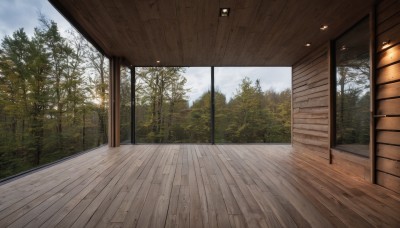 outdoors,sky,day,cloud,indoors,tree,blue sky,no humans,window,sunlight,cloudy sky,nature,scenery,forest,wooden floor,door,architecture,sliding doors,east asian architecture,plant,realistic,bare tree,wooden wall