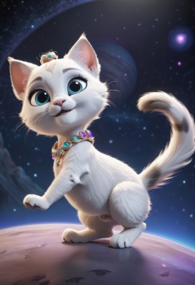 solo,looking at viewer,blue eyes,jewelry,standing,tail,full body,parted lips,sky,artist name,signature,necklace,no humans,animal,moon,cat,crown,gem,star (sky),starry sky,realistic,space,animal focus,planet,whiskers,earth (planet),blue gemstone,1girl,white fur