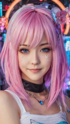 1girl,solo,long hair,looking at viewer,smile,bangs,blue eyes,hair ornament,bare shoulders,jewelry,closed mouth,upper body,pink hair,flower,choker,hair flower,necklace,lips,eyelashes,makeup,black choker,tank top,portrait,eyeshadow,realistic,nose,mascara,sleeveless,headphones,halo,facial mark,pendant,pink lips