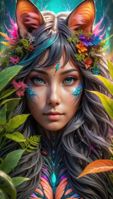 1girl,solo,long hair,breasts,looking at viewer,smile,bangs,black hair,hair ornament,animal ears,closed mouth,green eyes,upper body,flower,grey hair,artist name,cat ears,hair flower,blurry,lips,eyelashes,makeup,leaf,watermark,facial mark,plant,slit pupils,portrait,close-up,eyeshadow,freckles,pink lips,multicolored eyes,nose,mascara,yellow eyes,realistic,colorful