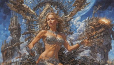 1girl,solo,long hair,breasts,blonde hair,brown hair,navel,cleavage,bare shoulders,brown eyes,jewelry,medium breasts,earrings,sky,midriff,cloud,necklace,armor,bracelet,lips,hand on hip,bird,abs,moon,smoke,science fiction,city,realistic,aircraft,fantasy,bikini armor,planet,spacecraft,airship,day,robot,building,mecha,full moon,toned