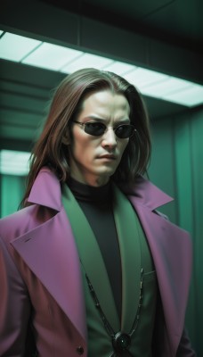 solo,long hair,looking at viewer,brown hair,shirt,1boy,jewelry,closed mouth,jacket,upper body,male focus,open clothes,glasses,indoors,necklace,vest,lips,coat,black shirt,turtleneck,sunglasses,realistic,black hair