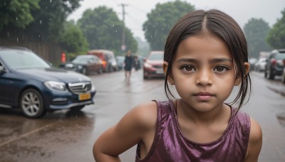 1girl,solo,looking at viewer,short hair,brown hair,shirt,black hair,brown eyes,closed mouth,upper body,outdoors,sleeveless,solo focus,dark skin,blurry,tree,lips,depth of field,blurry background,ground vehicle,child,motor vehicle,rain,realistic,car,road,street,tank top