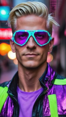 solo,looking at viewer,short hair,blonde hair,shirt,1boy,jewelry,closed mouth,jacket,upper body,male focus,earrings,open clothes,glasses,dark skin,blurry,open jacket,blurry background,sunglasses,portrait,realistic,purple shirt,tinted eyewear,smile,outdoors,night,facial hair,zipper,purple jacket,multicolored jacket,city lights,neon lights,purple-tinted eyewear