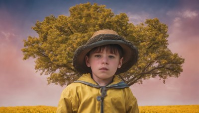 1girl,solo,looking at viewer,short hair,brown hair,black hair,1boy,hat,closed mouth,upper body,male focus,outdoors,sky,cloud,black eyes,tree,zipper,freckles,realistic,straw hat,field,bangs,brown eyes,parted lips,day,blue sky,lips,coat,scenery