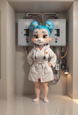 1girl,solo,looking at viewer,blush,smile,short hair,long sleeves,brown eyes,blue hair,standing,full body,barefoot,indoors,hood,hair bun,double bun,hoodie,:3,thick eyebrows,hood down,child,furry,hands on hips,robe,furry female,labcoat,female child,cable,electrical outlet,animal ears