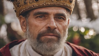 solo,looking at viewer,short hair,blue eyes,1boy,closed mouth,grey hair,male focus,blurry,depth of field,blurry background,facial hair,crown,portrait,beard,realistic,mustache,manly,old,old man,black hair,hat,bokeh