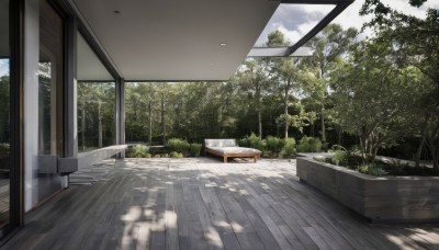 outdoors,sky,day,cloud,indoors,tree,blue sky,no humans,window,shadow,chair,table,sunlight,cloudy sky,plant,nature,scenery,forest,wooden floor,door,bench,bush,shade,grass