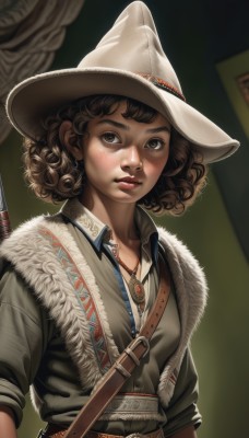 1girl,solo,breasts,looking at viewer,short hair,brown hair,shirt,hat,brown eyes,jewelry,upper body,weapon,earrings,parted lips,collared shirt,belt,necklace,blurry,lips,fur trim,witch hat,blurry background,white headwear,buckle,sleeves rolled up,freckles,curly hair,realistic,nose,witch,strap,blush,bangs,jacket,makeup,pendant