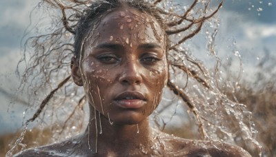 1girl,solo,looking at viewer,brown hair,black hair,1boy,brown eyes,male focus,outdoors,parted lips,sky,teeth,day,dark skin,water,blurry,black eyes,dark-skinned female,tree,lips,wet,depth of field,blurry background,portrait,realistic,short hair,artist name,facial hair,close-up,water drop,branch