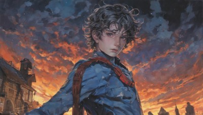 solo,looking at viewer,short hair,blue eyes,black hair,1boy,closed mouth,jacket,upper body,male focus,outdoors,sky,solo focus,cloud,bag,uniform,black eyes,lips,cloudy sky,blue jacket,building,messy hair,curly hair,sunset,military,military uniform,realistic