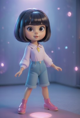 1girl,solo,looking at viewer,short hair,bangs,brown hair,shirt,black hair,long sleeves,brown eyes,jewelry,closed mouth,standing,full body,white shirt,boots,shoes,shorts,puffy sleeves,collared shirt,artist name,blunt bangs,medium hair,necklace,blurry,lips,blurry background,bob cut,denim,child,puffy long sleeves,blue shorts,denim shorts,pink footwear,female child,shirt tucked in,ankle boots,high-waist shorts,smile,nail polish,pink shirt