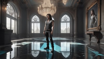 solo,long hair,brown hair,shirt,black hair,1boy,jewelry,standing,jacket,full body,white shirt,male focus,boots,sleeveless,belt,pants,indoors,hood,necklace,black footwear,vest,window,tattoo,facial hair,black pants,reflection,mirror,hands in pockets,stained glass,church,reflective floor,different reflection,chandelier,looking at viewer,water,muscular,wristband,scenery,beard,black vest,wooden floor,candle,painting (object),candlestand