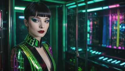 1girl,solo,breasts,looking at viewer,short hair,bangs,black hair,cleavage,brown eyes,jewelry,closed mouth,upper body,earrings,small breasts,blunt bangs,black eyes,lips,makeup,lipstick,eyeshadow,science fiction,red lips,eyeliner,very short hair,cyberpunk,neon lights,open clothes,indoors,eyelashes,nose