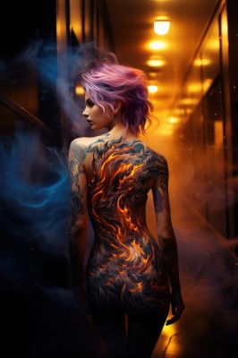 1girl,solo,short hair,jewelry,standing,closed eyes,pink hair,purple hair,ass,nude,cowboy shot,earrings,indoors,from behind,tattoo,makeup,back,thigh gap,fire,smoke,cigarette,realistic,arms at sides,smoking,arm tattoo,back tattoo,full-body tattoo,looking back,lips,completely nude,light