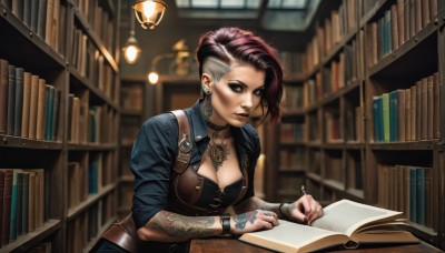 1girl,solo,breasts,looking at viewer,short hair,large breasts,holding,cleavage,jewelry,medium breasts,upper body,pink hair,red hair,multicolored hair,earrings,parted lips,choker,indoors,nail polish,blurry,black eyes,bracelet,two-tone hair,lips,fingernails,book,eyelashes,tattoo,makeup,leaning forward,depth of field,blurry background,piercing,ring,lipstick,ear piercing,black nails,sleeves rolled up,eyeshadow,asymmetrical hair,watch,open book,nose,bookshelf,pen,wristwatch,eyeliner,arm tattoo,undercut,facial tattoo,library,mascara,writing,eyebrow cut,brown hair,collar,corset,lamp,breast tattoo