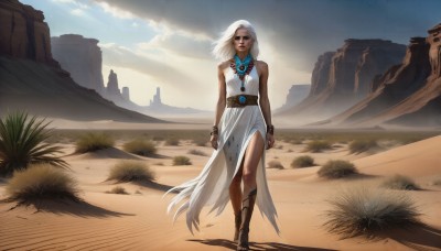 HQ,1girl,solo,long hair,breasts,short hair,dress,bare shoulders,jewelry,standing,white hair,outdoors,sky,barefoot,sleeveless,day,belt,cloud,dark skin,necklace,white dress,bracelet,dark-skinned female,lips,sandals,wind,scenery,walking,realistic,sand,arms at sides,dirty,desert,dust,dirty feet,looking at viewer,blue eyes,nail polish,makeup,beach,lipstick,side slit,mountain,cliff